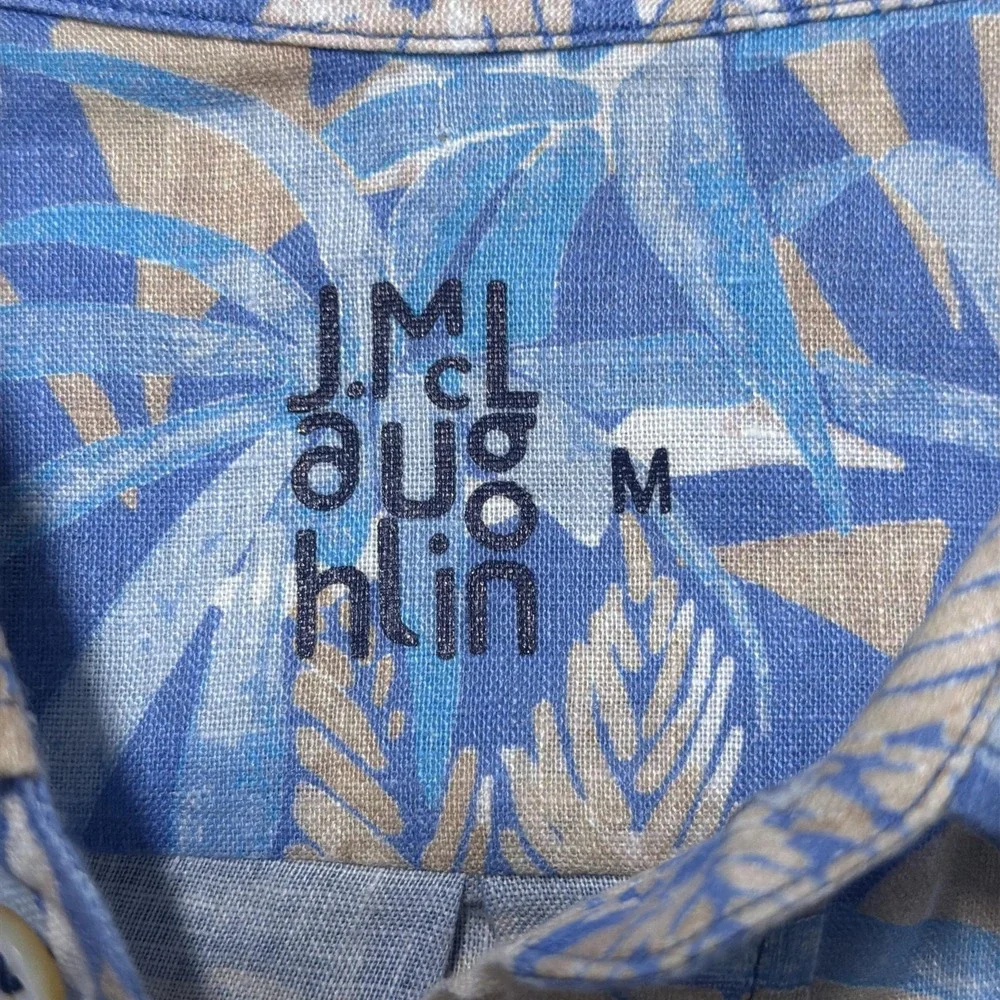 J. McLaughlin‎ Shirt Mens Medium Blue 100% Linen Hawaiian Palm Print Long Sleeve